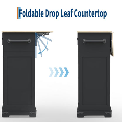 Large Rolling Kitchen Island with Power Outlet, Mobile Kitchen Cart on Wheels with Drop Leaf, 3 Drawers, Trash Can Storage, Spice Rack, Towel Holder, Kitchen Island Table for Dining Room, Home, Black