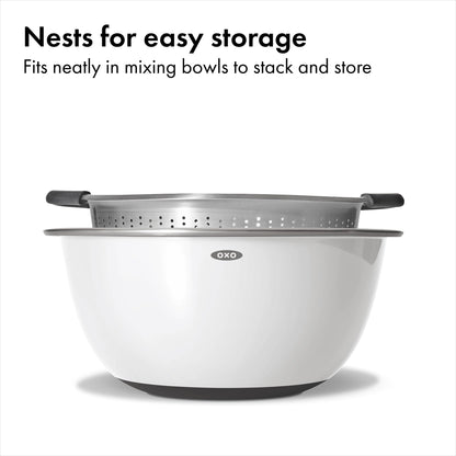 OXO Good Grips Stainless Steel Colander, 5 qt. Capacity, Strainer with Non-Slip Handles, Kitchen Colander for Pasta and Vegetables, Nesting Stainless Steel Strainer and Sieve