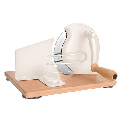 SOWKIPE Manual Bread Slicer with Hand Crank, Classic Home Bread Slicer for Homemade Sourdough, Rotary Slicer with Adjustable Thickness, Premium Stainless Steel & Powerful Suction Cups (White)