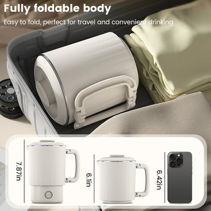 Portable Travel Kettle, 600ML Small Electric Kettle with Foldable Handle, Food Grade Stainless Steel Collapsible Water Boiler with Dual Modes, Compact Portable Kettle for RV, Camping, Beige