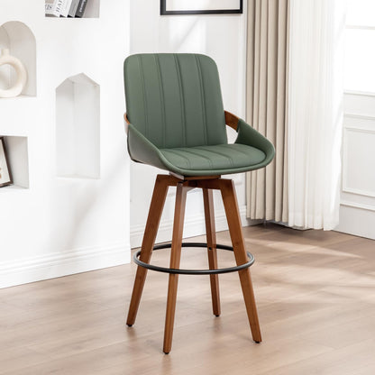 AQG Green Bar Stools 30 Inch Set of 2 Leather Bar Height Stools with Backs, Mid Century Modern Swivel Bar Chairs, Upholstered Barstools Wood Frame for Kitchen Island