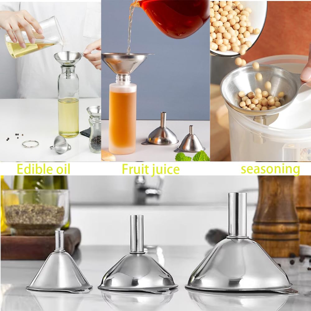 Kitchen Funnels Set for Bottles, 3pc Small/Medium/Large Stainless Steel Metal Funnels with 2 Cleaning Brushes