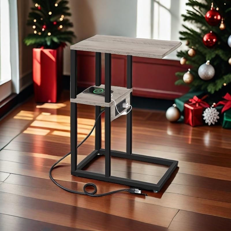 V1TB01BG043 TUTOTAK C Shaped End Table with Charging Station, Side Table for Small Spaces, Living Room, Bedroom