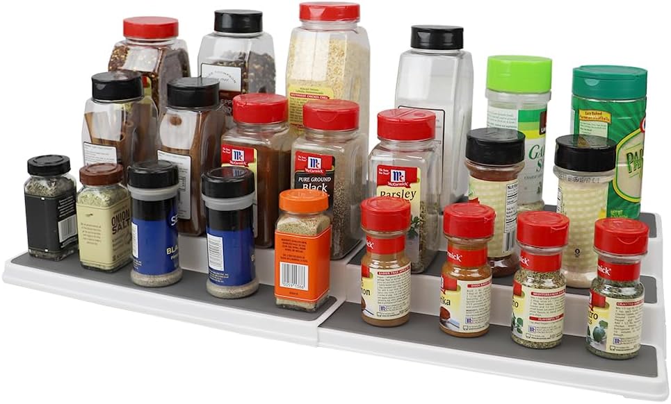 Home Basics 3-Tiered Plastic Expandable Spice Rack - Adjustable Length Kitchen Organizer for Cabinet, Pantry, or