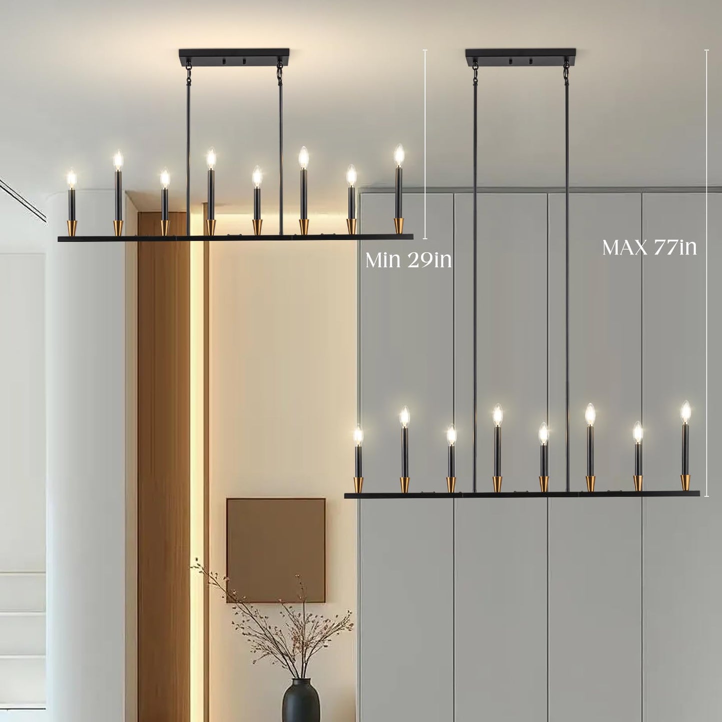 Knwjmv Black Linear Chandelier Candle Dining Room Light Fixture Long 46 Inch Island Chandeliers Black and Gold Linear Pendant Lighting Over Dining Table Kitchen Island