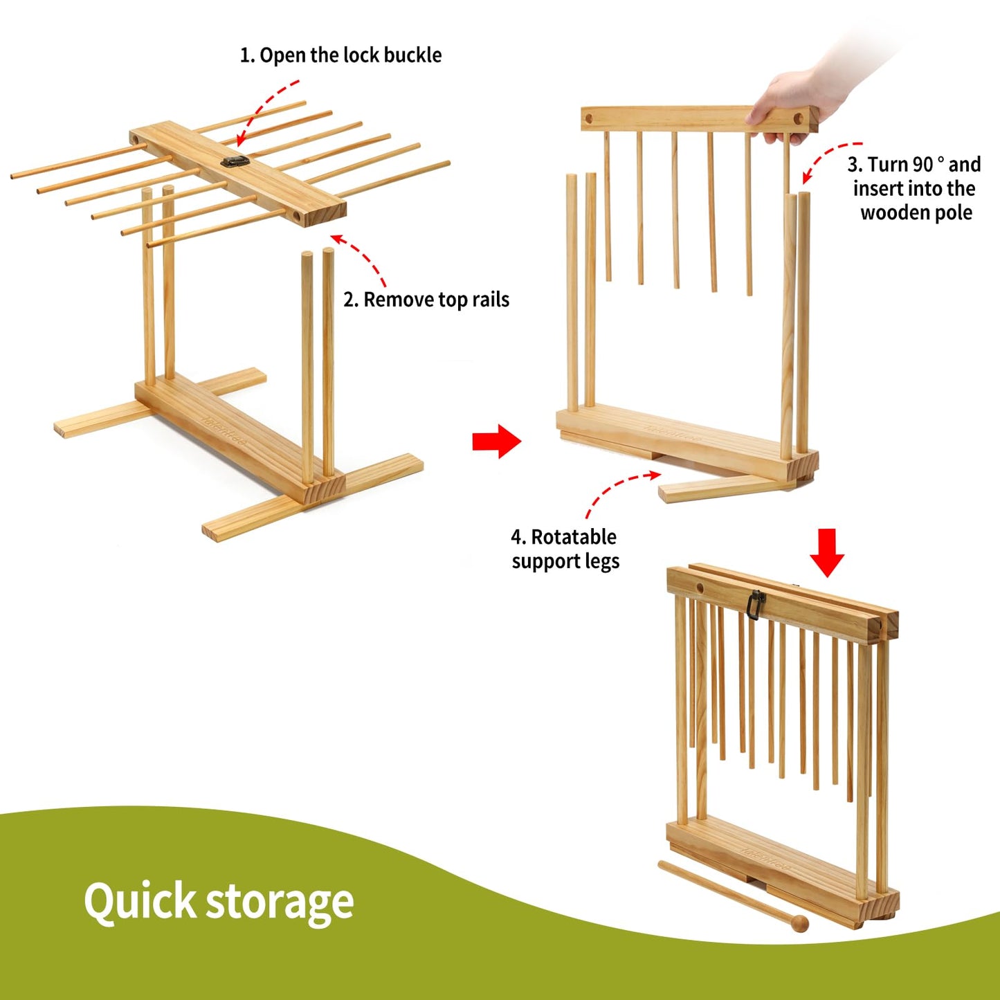 Talentree Collapsible Pasta Drying Rack, Wood Pasta Dryer Hanger Rack, Spaghetti Noodle Drying Hanging Rack Stand with 12 Bars and Transfer Wand, Foldable for Easy Storage