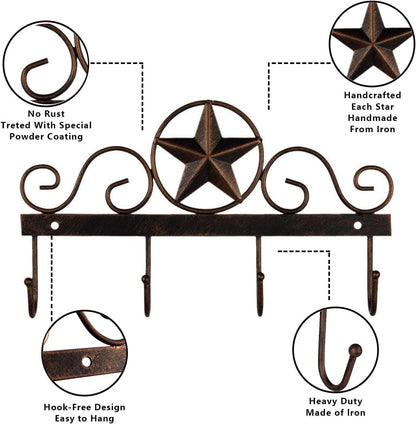 Metal Barn Star Key Rack Holder, Wall Mounted Decorative Key Holder with 4 Hooks, Dark Brown