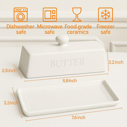 Butter Dish with Lid,WERTIOO Butter Dish With Lid for Countertop,7.6" x 3.3" Butter Tray,Butter Holder for 1 Stick.Textured Tray Butter Keeper for Non Slip Storage,Ceramic - White