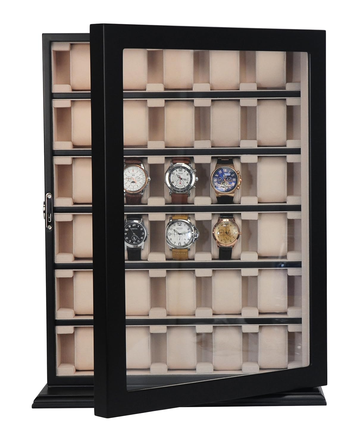 TIMELYBUYS 30 Piece Black Wood Watch Display Wall Hanging Case and Storage Organizer Box and Stand for Oversized Watches