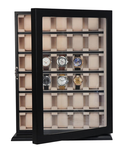 TIMELYBUYS 30 Piece Black Wood Watch Display Wall Hanging Case and Storage Organizer Box and Stand for Oversized Watches