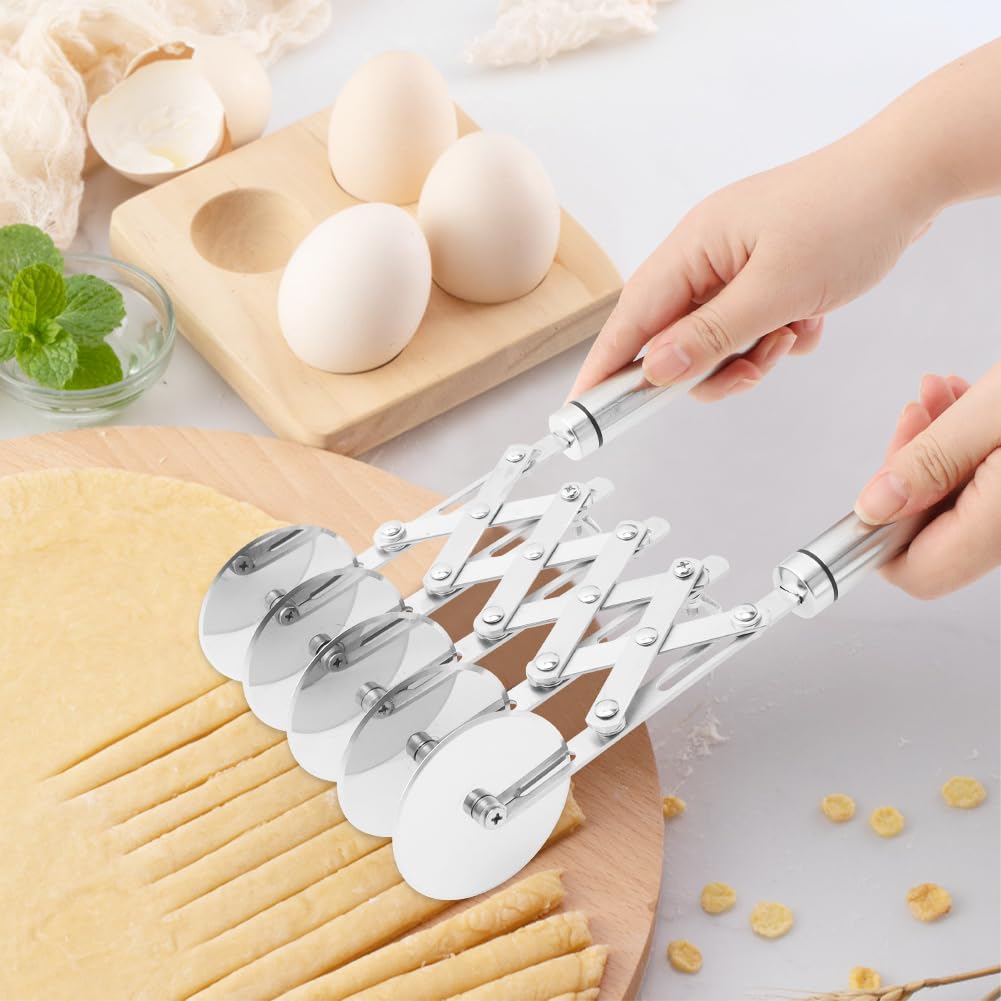 5 Wheel Pastry Cutter, Expandable Stainless Steel Dough Cutter Wheel with Handle, Baking Roller Cookie Dough Divider, Multi-Round Pastry Knife, Pizza Cutter Roller and Pie Server
