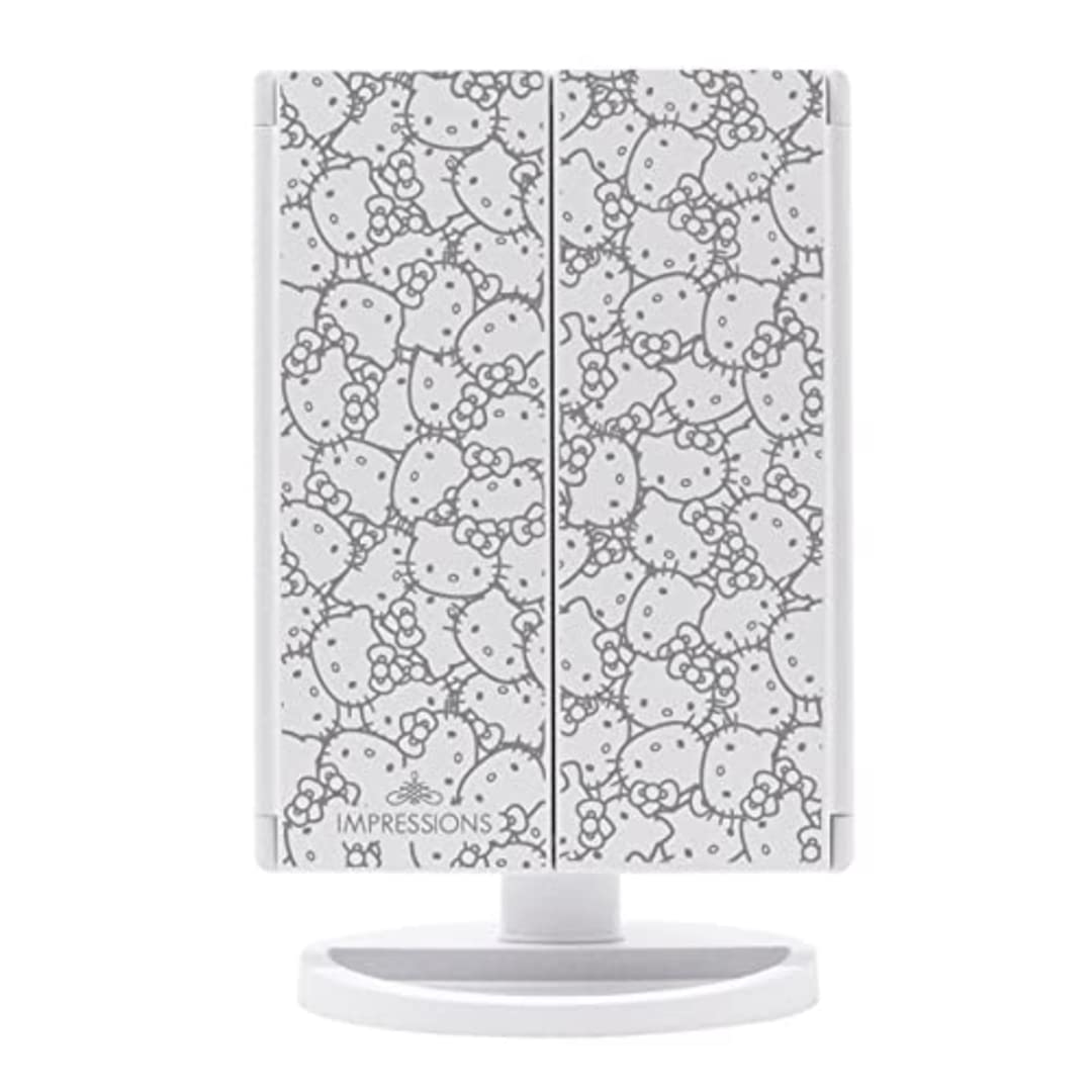 Impressions Vanity Hello Kitty Trifold LED Mirror, Desk Mirror with Lights and Touch Sensor Switch, Lighted Makeup Mirror with 2X and 3X Magnifying (White)