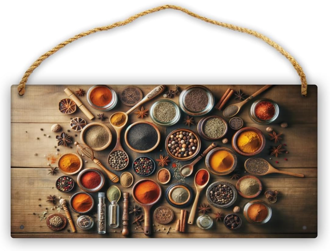 Artisanal Spice Collection Wooden Sign - 6x12 Inch Plaque for Culinary Wall Art, Gourmet Seasonings & Herbs Decor