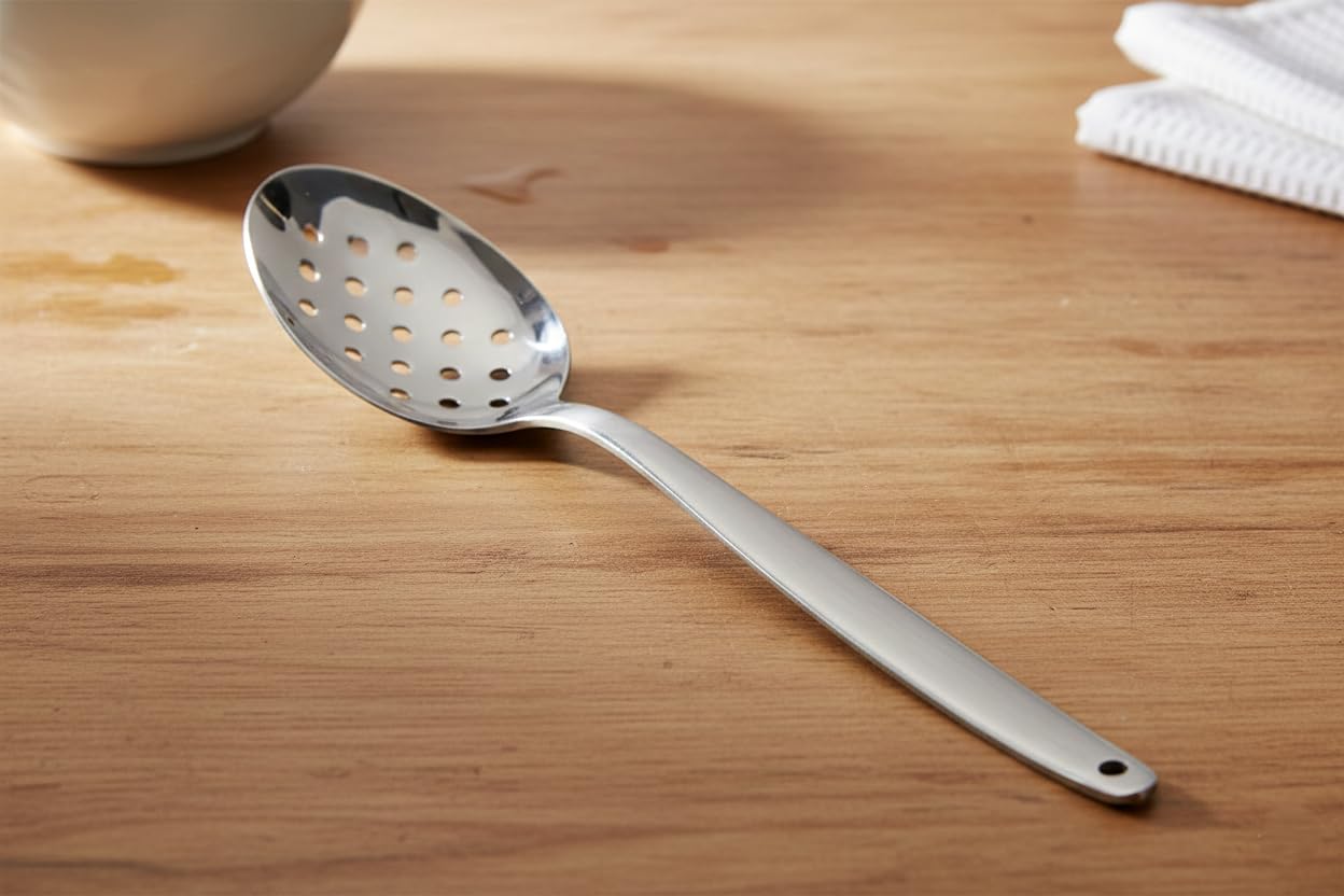 BNAZIND 8 Inch Kunz Spoon Perforated - Small | 18/10 Stainless Steel Silver Chef Spoon for Draining, Plating & Serving & Professional Kitchen Use, Dishwasher Safe