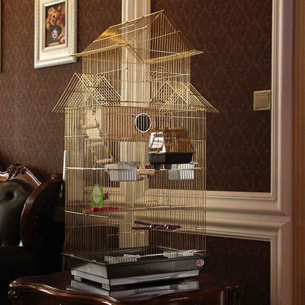 KYTGFH Professional Birdcage Pet Supplies Bird Carrier Gardening Decor Parrot Cages for Large Birds, Household Large Golden Parrot Cage, House-Shaped Decorative Bird Cage, Parak,Gold e