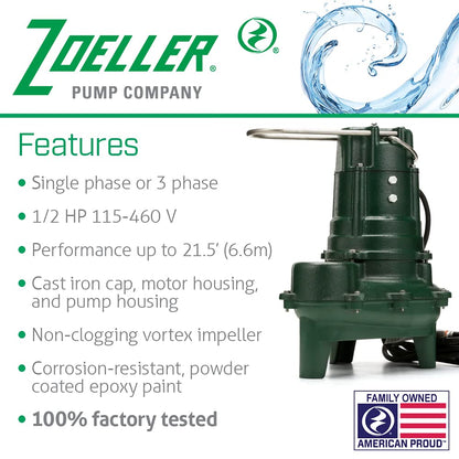 Zoeller Waste-Mate 267-0001 Sewage Pump, 1/2 HP Automatic – Heavy-Duty Submersible Sewage, Effluent or Dewatering Pump