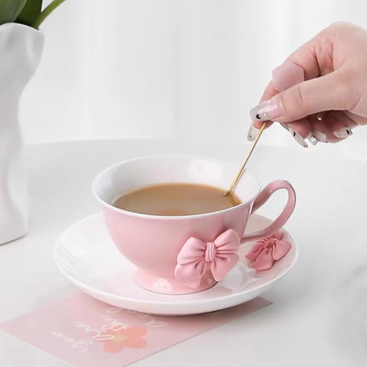 Disoza Bow Coffee Mugs Set with Saucer 200 ML Coquette Mug Porcelain Bow Cute Tea Cup Coffee for Women Girl
