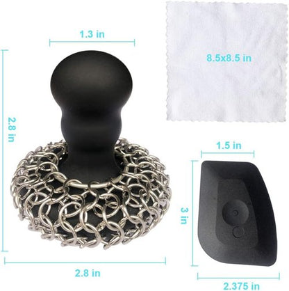 316 Chainmail Scrubber by [Brand Name] - Ergonomic Silicone Handle for Easy Cast Iron Cleaning | Dishwasher Safe, Black