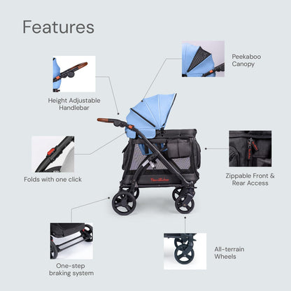 Familidoo Multi-Use Wagon Chariot Stroller, Stable, Removable Seat, Removable Bassinet, Zipable Front and Rear Doors, Mesh Side Panels for Ventilation (Blue)