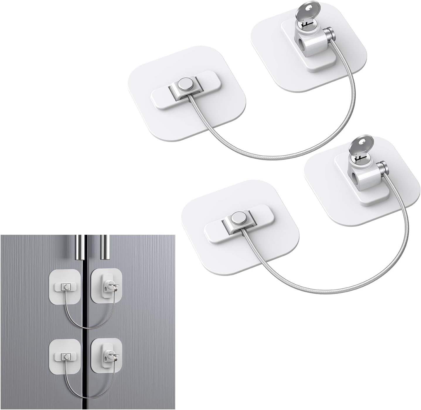 White Fridge Lock, 2 Pack with 4 Keys, Childproof Refrigerator Locks, Freezer and Drawer Lock, No Tools Required