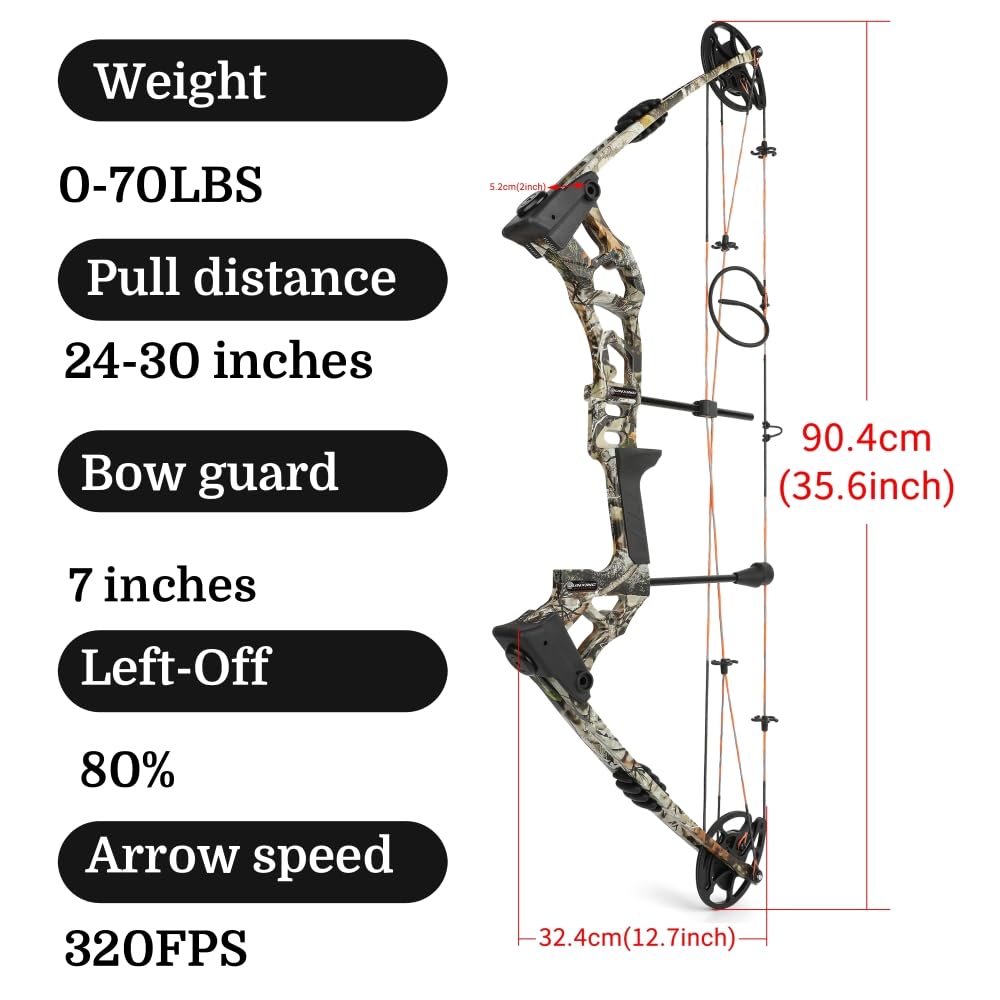 POEARCUS 0-70lb Draw Weight Adjustable Compound Bow Set 320 FPS IBO Archery Kit for Hunting & Target Practice