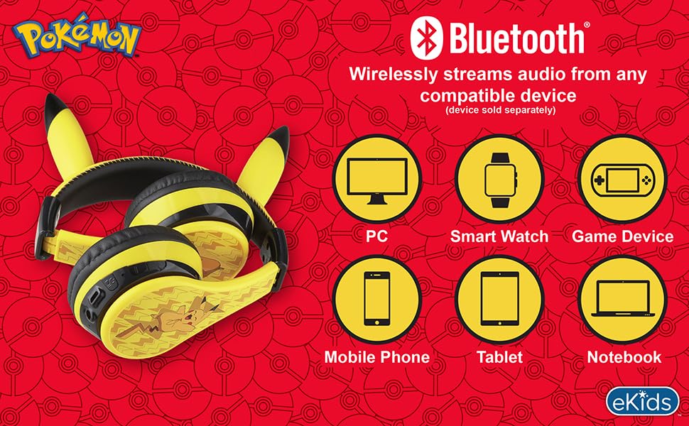 eKids Pokemon Kids Bluetooth Headphones, Wireless Headphones with Microphone Includes Aux Cord, Volume Reduced Kids Foldable Headphones for School, Home, or Travel,Yellow