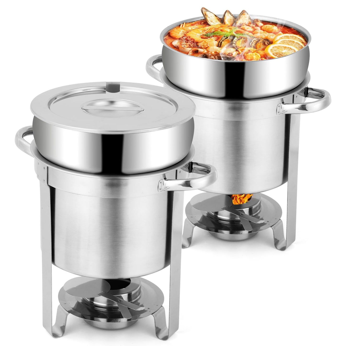 Snowtaros 7QT Soup Chafer, Stainless Steel Round Soup Warmer with Pot Lid & Fuel Holder, Commercial Soup Pot Chafing Dish for Catering, Parties, Banquets, Events (2 Pack)