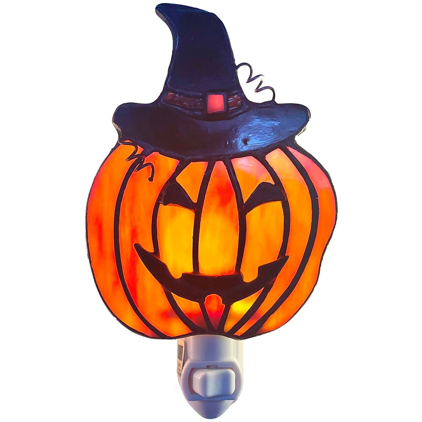 Bieye L13009 Pumpkin Night Light, Tiffany Style Stained Glass Plug-in Wall Lamp with Witch Hat, Handmade Halloween Jack-O’-Lantern Nightlight, 1 x E12 LED Bulb Included, 4.1" W x 6.7" H