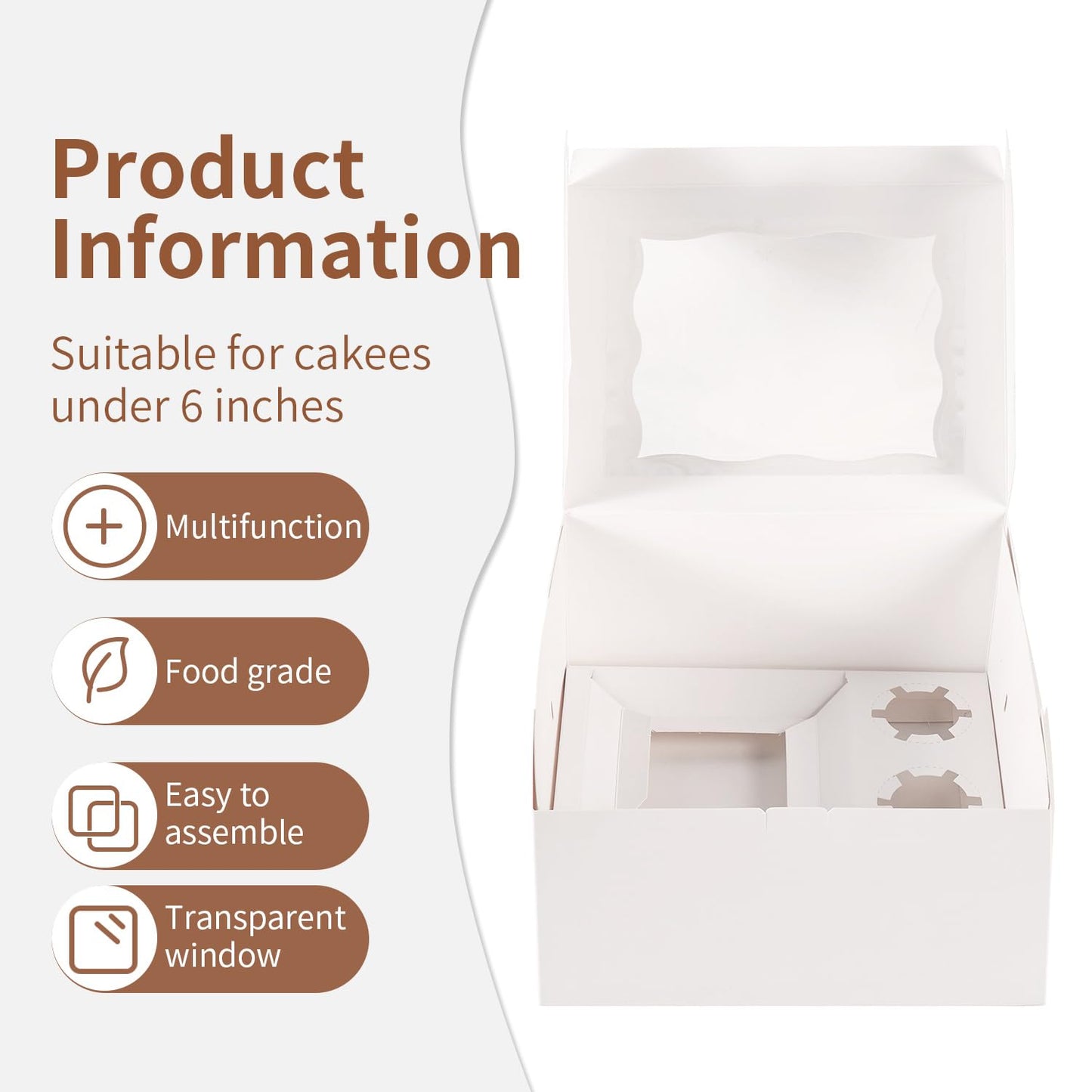 PFAMKEER Bento Cake Box With Cupcakes, Clear Window 6 Holes Bento Combination,6 Sets: Cookie Boxes Fit 5 Regular Cupcake and Mini Cakes, Christmas Wedding Birthday Party (White/clear, 1+5/6pcs)