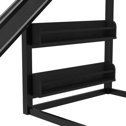 Bellemave Twin Size Bunk Bed with Basketball Hoop, Pull-up Rings and Climbing Wall, Twin Bunk Bed with Slide and Bookcase, Heavy Duty Bunk Beds with Guardrail, Black
