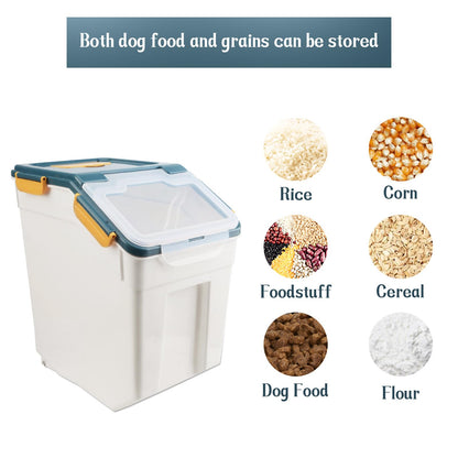 Qiveno 2 Pack Rice Storage Container with Measuring Cup 50 lb Flour Storage Container with Wheels, BPA Free Food Storage Container Dog Cat Food Bin Set for Dry Food Sugar, Cereal(Blue)