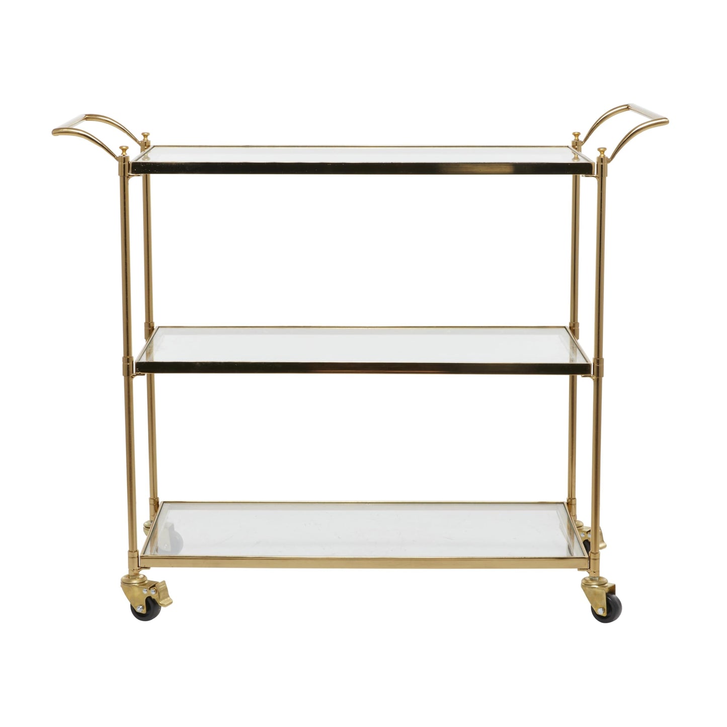 Deco 79 Metal Rolling 3 Glass Shelves Bar Cart with Lockable Wheels, 38" x 14" x 31", Brass