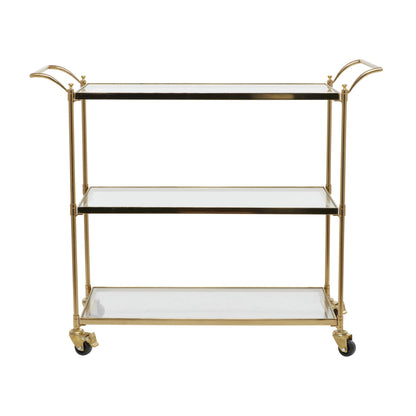 Deco 79 Metal Rolling 3 Glass Shelves Bar Cart with Lockable Wheels, 38" x 14" x 31", Brass