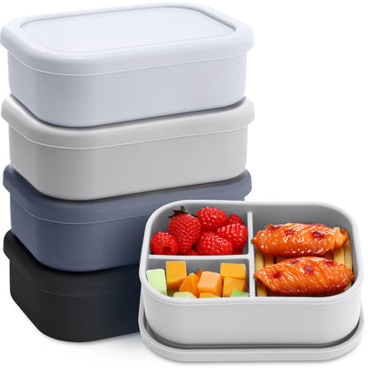Honeydak 4 Pcs Silicone Bento Box for Adults, 3 Compartment Lunchable Food Container for Women Men, Leak Proof Microwave Dishwasher Freezer Safe (White,Grey,Dark Grey,Black)