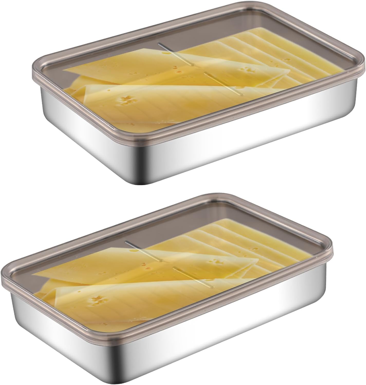 BigKing 2 Pack Bacon Keeper Container, Stainless Steel Cheese & Lunch Meat Containers for Fridge, Stackable with Lids