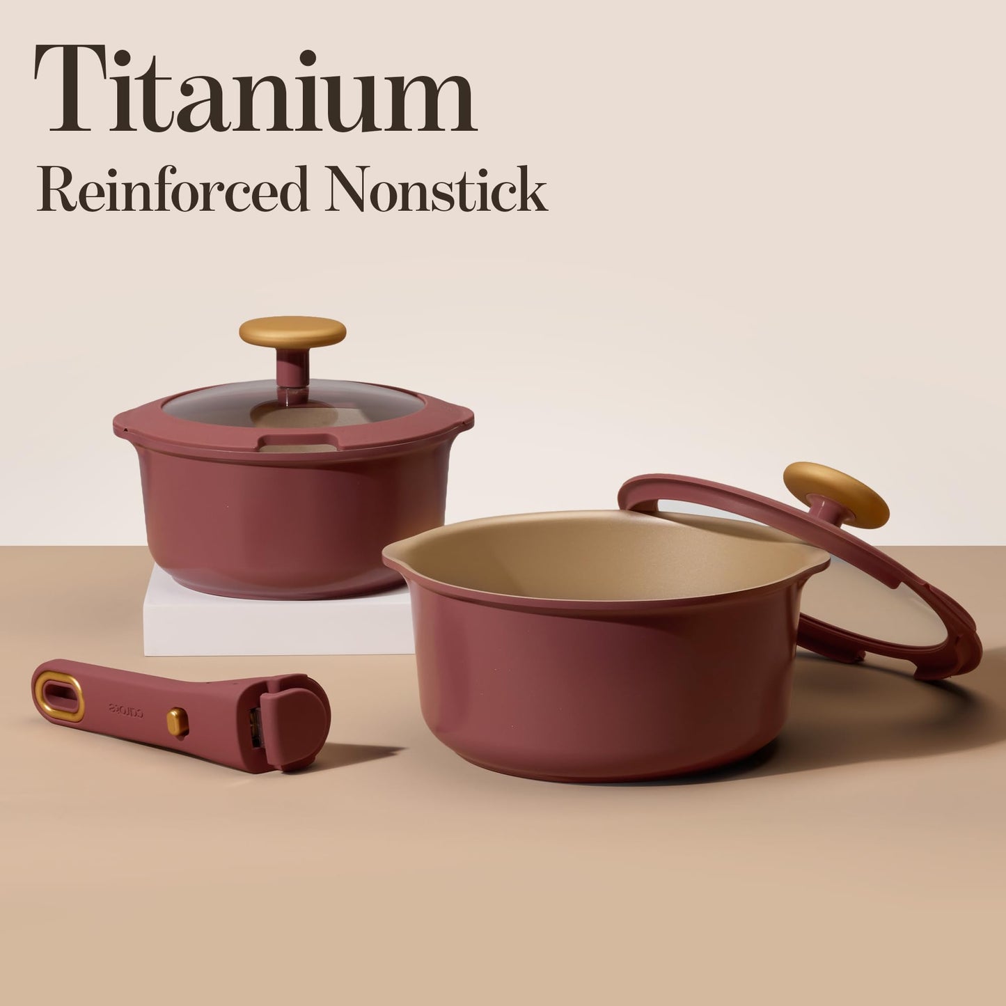 CAROTE 2.0Qt & 3.0Qt Titanium Nonstick Reinforced Sauce Pan Sets with Lid, Non-Stick Saucepans Cookware Set with Pour Spout with Detachable Handle, PFOS, PFOA Free, Induction Comptable, Burgundy