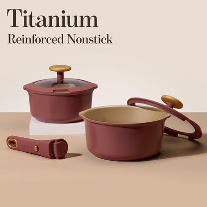 CAROTE 2.0Qt & 3.0Qt Titanium Nonstick Reinforced Sauce Pan Sets with Lid, Non-Stick Saucepans Cookware Set with Pour Spout with Detachable Handle, PFOS, PFOA Free, Induction Comptable, Burgundy
