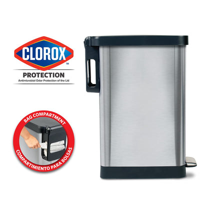 Glad Slim Trash Can with Clorox Odor Protection - Narrow Kitchen Garbage Bin with Soft Close Lid, Step On Foot Pedal and Waste Bag Roll Holder, Stainless Steel, 12 Gallon/45 Liter