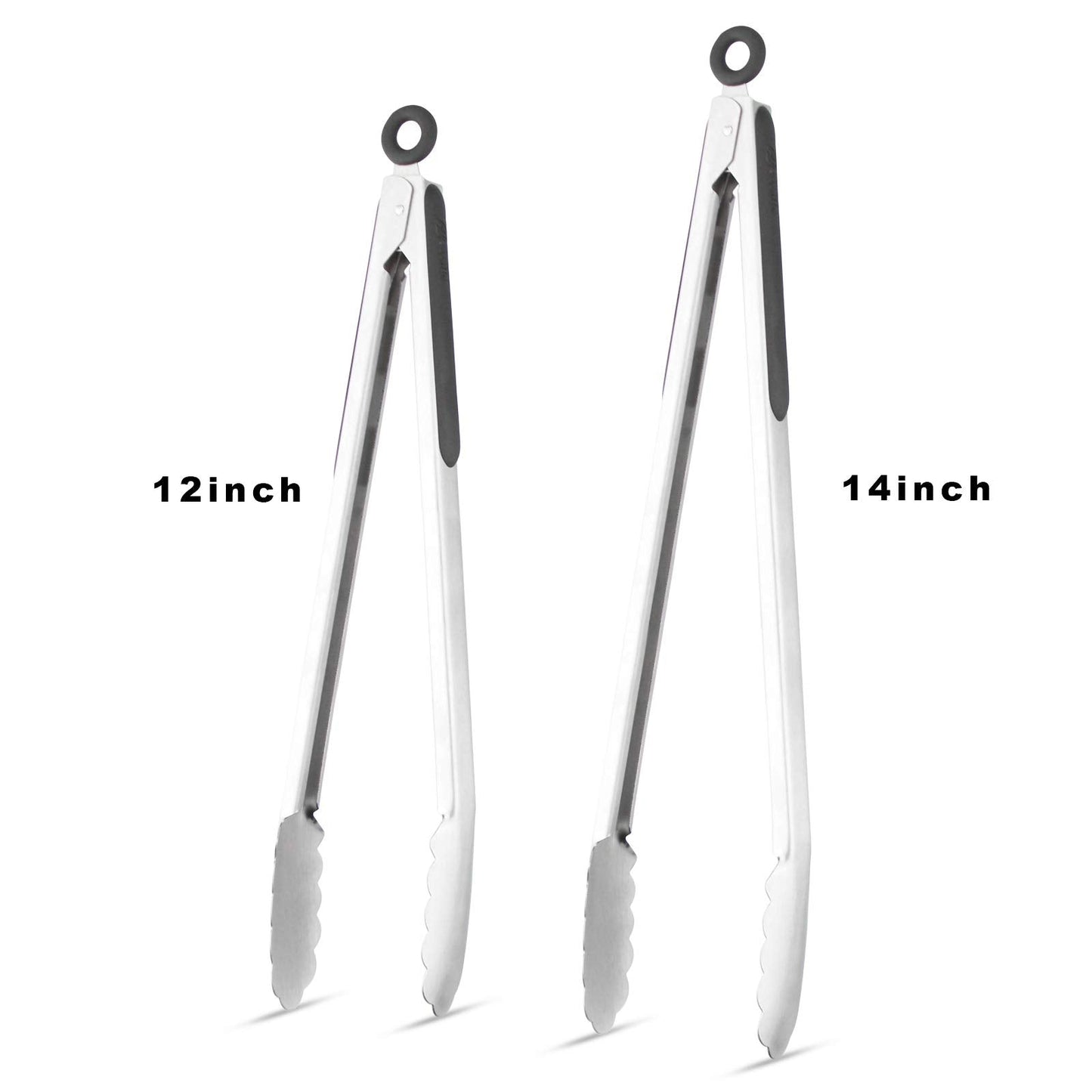 304 Stainless Steel Kitchen Cooking Tongs, 12" and 14" Set of 2 Sturdy Grilling Barbeque Brushed Locking Food Tongs with Ergonomic Grip, Black