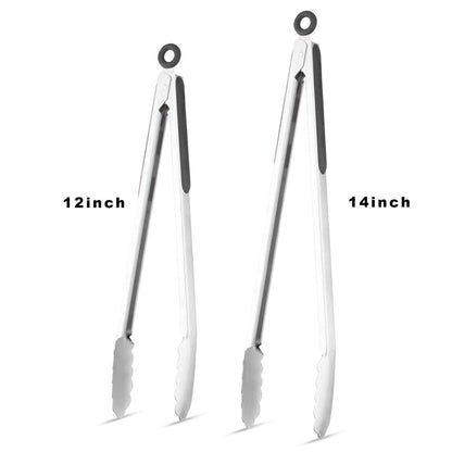304 Stainless Steel Kitchen Cooking Tongs, 12" and 14" Set of 2 Sturdy Grilling Barbeque Brushed Locking Food Tongs with Ergonomic Grip, Black