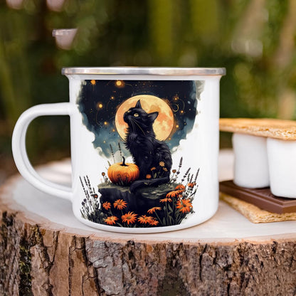 Mystical Black Cat Full Moon Enamel Camp Mug, Fall Halloween Spooky Outdoor Camping Coffee Cup, 12oz
