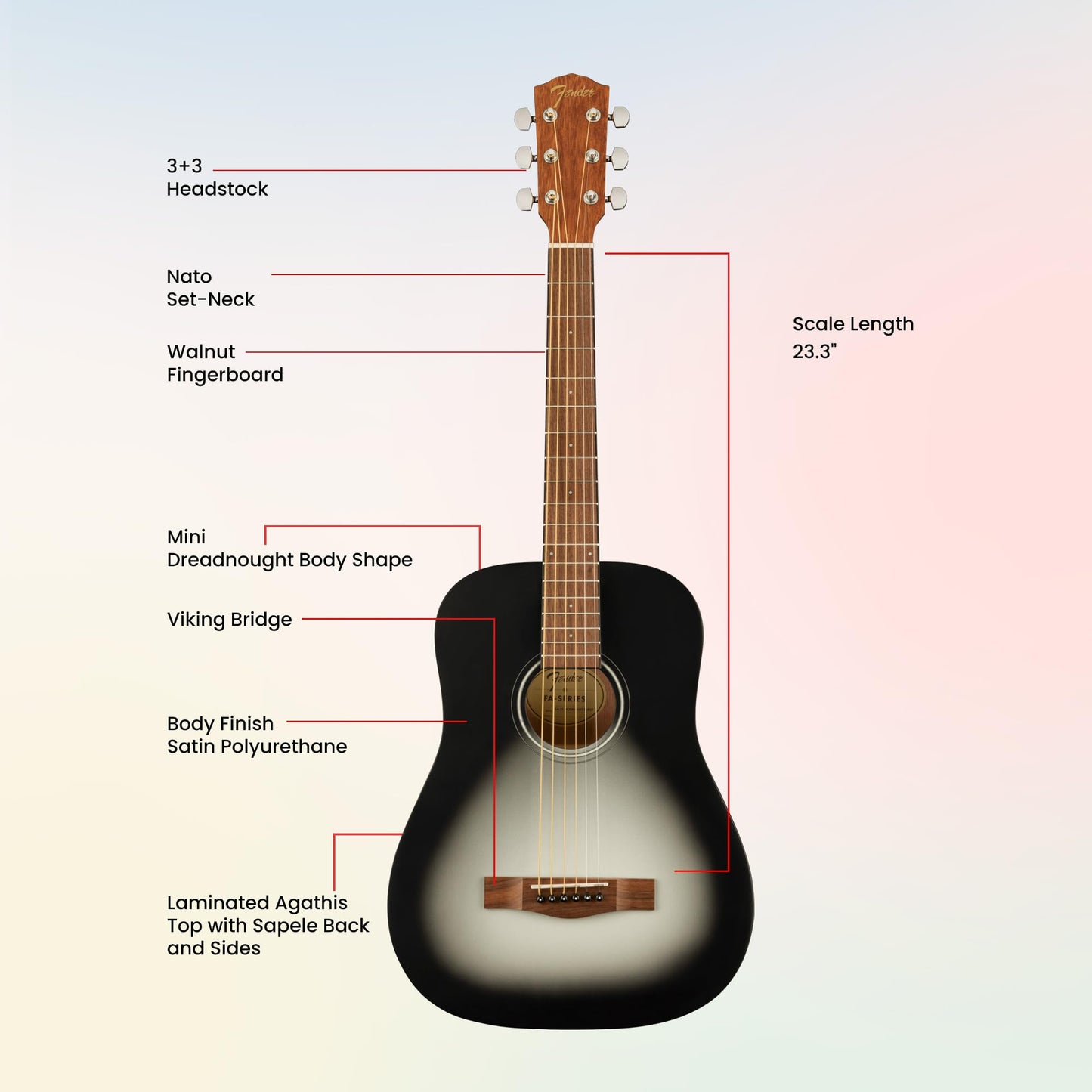 Fender FA-15 3/4-Scale Kids Steel String Acoustic Guitar - Moonlight Burst Bundle with Gig Bag, Tuner, Strap, Picks, and Austin Bazaar Instructional DVD