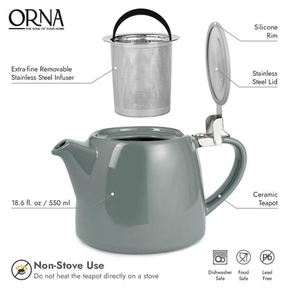 ORNA Ceramic Teapot with Tea Infuser – Small Tea Pot for Loose Leaf Tea – 550ml / 18.6 Oz Porcelain Non-Stove Teapot for 2 Cups with Tea Strainer (Grey)