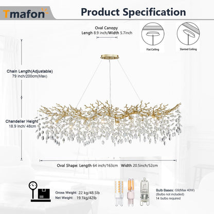 TMAFON Modern Gold Crystal Chandeliers Chandeliers - L63 inch Rectangular Golden Tree Branches Ceiling Pendant Light Fixtures, Luxury K9 Raindrop for Dining Room