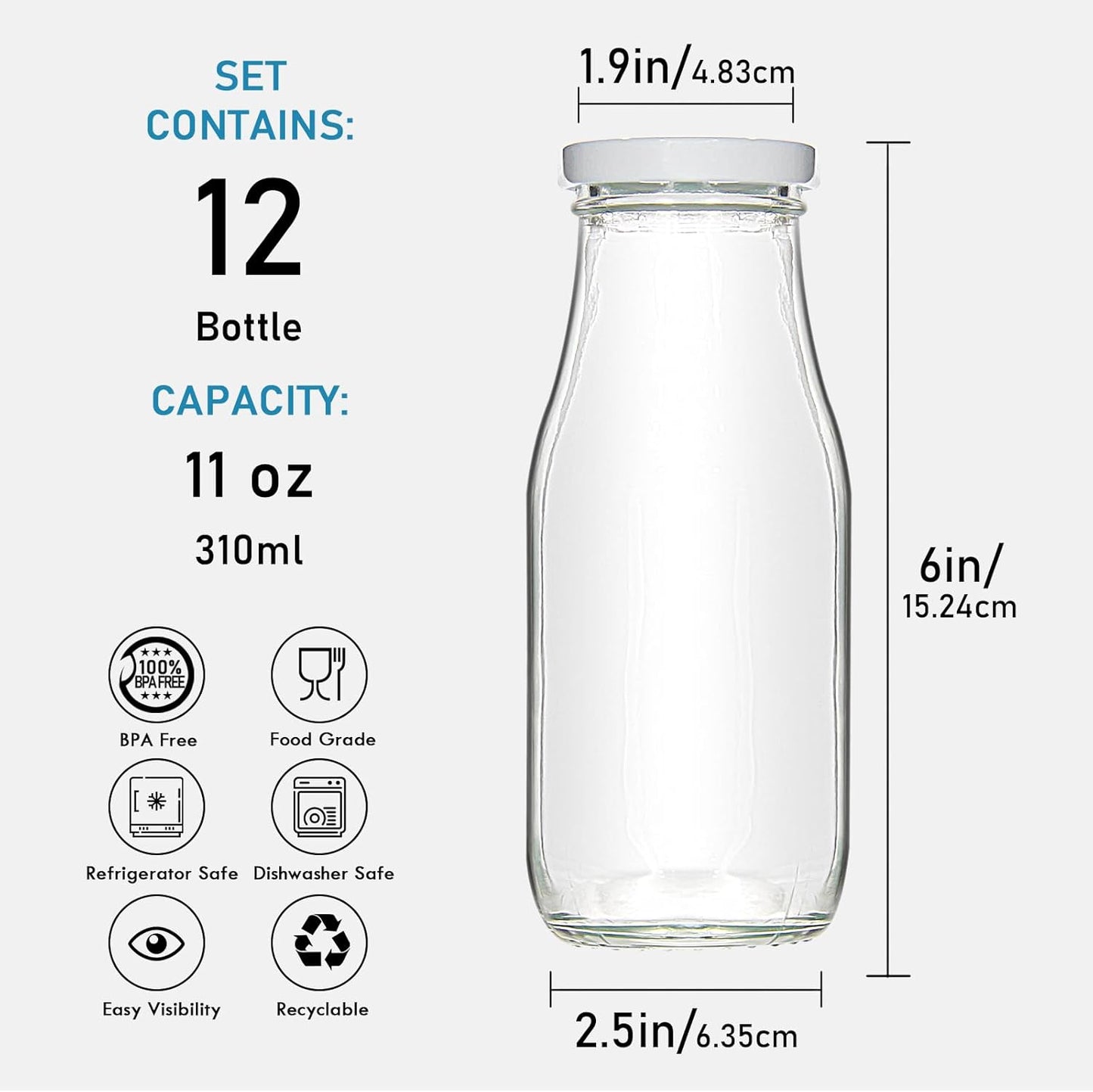 11oz Set 12 YEBODA Glass Milk Bottles with Reusable Metal Twist Lids and Straws for Beverage Glassware and Drinkware