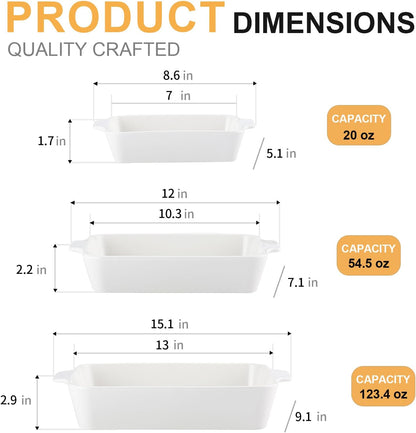 YUN TAO Casserole Dishes - 3-Piece Porcelain Bakeware Set with Handles | Deep Rectangular Lasagna Pans (15.1 Inch, White)