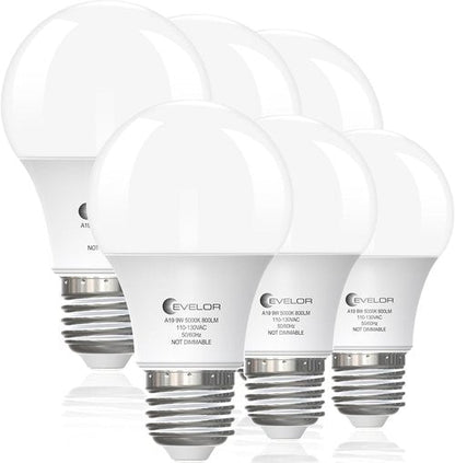 Evelor A19 LED Light Bulbs - 6-Pack Daylight 5000K, 60W Equivalent, 800 Lumens, E26 Base, 15,000 Hours