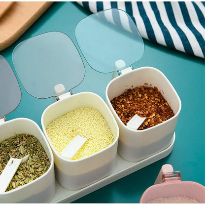 Kitchen Seasoning Box Spice Jar Set, Container with Cover and Serving Spoon for Kitchen Storage, White, 3