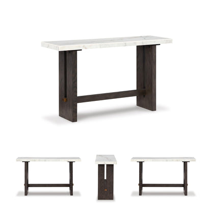 Signature Design by Ashley Burkhaus Traditional Rectangular Sofa Table with Marble Tabletop, Dark Brown & White