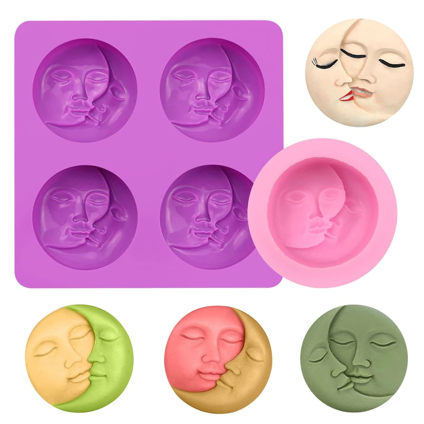 Silicone Soap Molds, different Cavities Soap Mold with Different Shapes, Perfect for Soap Making, Handmade Cake Chocolate Desserts Biscuit Pudding Teacake Jelly （2 Pack - Moon Face）